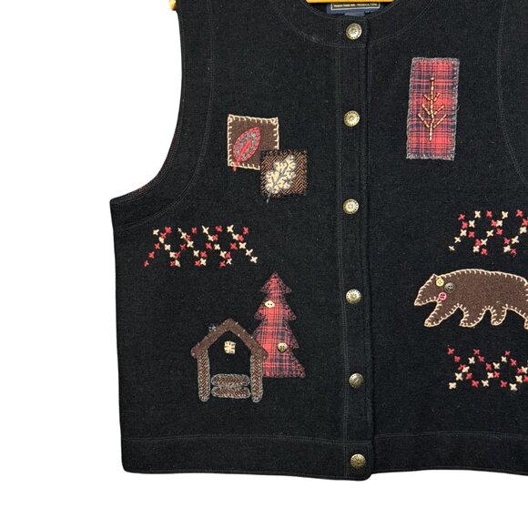 Vintage Wool Sweater Vest Black Woolrich Cabincore Embroidered Bear Vest Cozy - Picture 3 of 9